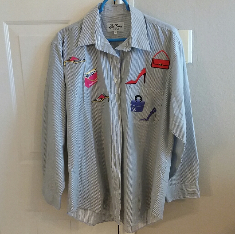 Get Lucky USA Embroidered Down Shirt Size Large